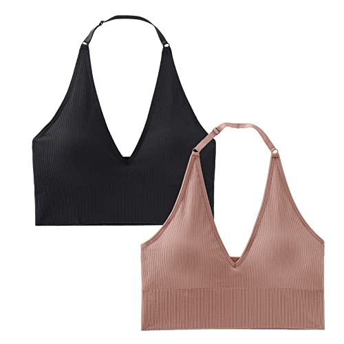 INIBUD Ärmelloses Neckholder-Top für Frauen, nahtlose Sport-Bralette, bauchfreie BHs mit verstellbarem Träger, Workout, Schwarz-brauner Zucker, small von INIBUD