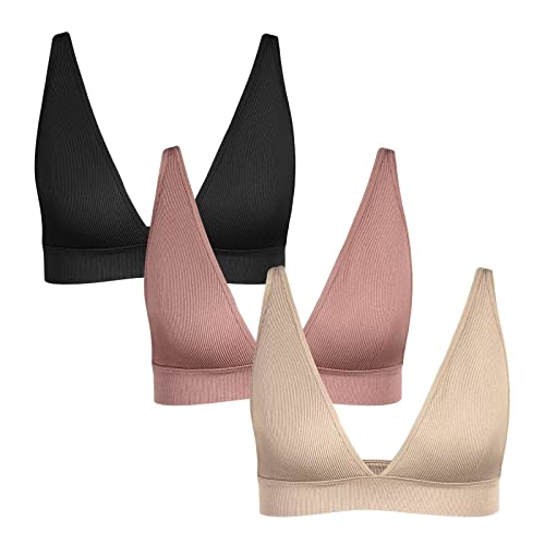 INIBUD Bralette für Damen, Tank-Top, bauchfrei, gerippt, tiefer V-Ausschnitt, gepolstert, nahtlos, bequem, Lounge, Schwarz + Beige + Lila, Medium von INIBUD