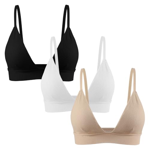 INIBUD Bralette für Damen, gerippt, nahtlos, gepolstert, kabellos, Triangel-BH, verstellbarer Spaghettiträger-Top, Schwarz + Weiß + Nude, small von INIBUD