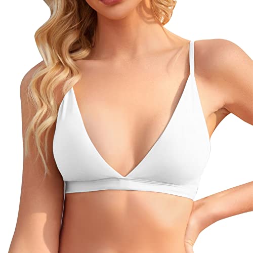 INIBUD Bralette für Frauen, abnehmbarer, gepolsterter BH, Yoga, nahtlos, V-Ausschnitt, dreieckig, verstellbare Träger, kabellos, Cremeweiß, Large von INIBUD