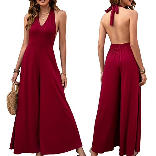 INIBUD Overall für Frauen Elegant Halfter Einteiler Casual Wide Leg Strampler Tiefer V-Ausschnitt Elegant mit Taschen, Weinrot, X-Large von INIBUD