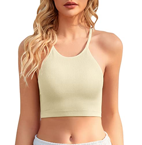 INIBUD Sport-BH für Damen, hoher Ausschnitt, nahtlos, Workout, bauchfrei, gepolstert, gerippt, Lauf-Tank, ärmellos, langes Bralette, Fitnessstudio, Cremeweiß, small von INIBUD