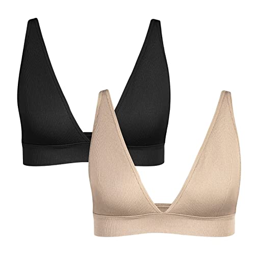 INIBUD Sport-BHs für Damen, Bandeau, gepolstert, gerippt, Bralette, verstellbarer Riemen, Workout, quadratischer Ausschnitt, nahtlos, bauchfreies Top, rückenfrei, Schwarz + Beige, M von INIBUD