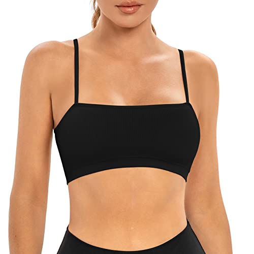 INIBUD Sport-BHs für Damen, Bandeau, gepolstert, gerippt, Bralette, verstellbarer Träger, Workout, quadratischer Ausschnitt, nahtlos, bauchfreies Top, rückenfrei, Schwarz, Medium von INIBUD