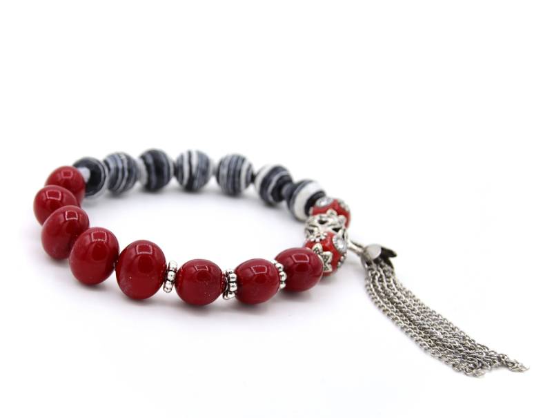 Roter Stein Armreif, Jaspis Edelstein Armband, Zweifarbiges Rotes Perlmutt Stretch Armband von INJIJEWELRY