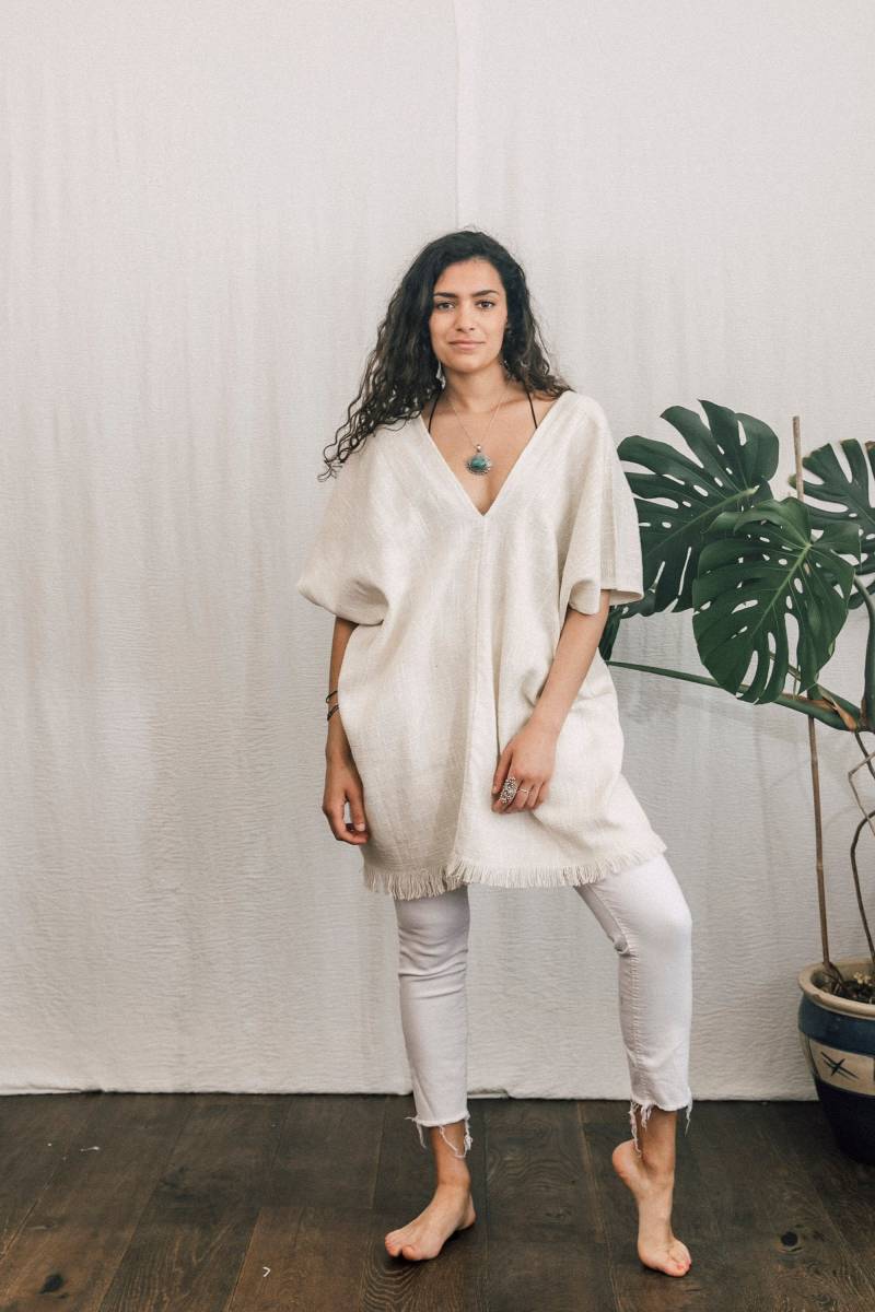 Aus Gewebter Baumwolle Poncho-Kleid, Poncho-Oberteil, Weiss Aus Gewebter Baumwolle Poncho-Kleid, Poncho-Oberteil, Weiss von INKAFREE