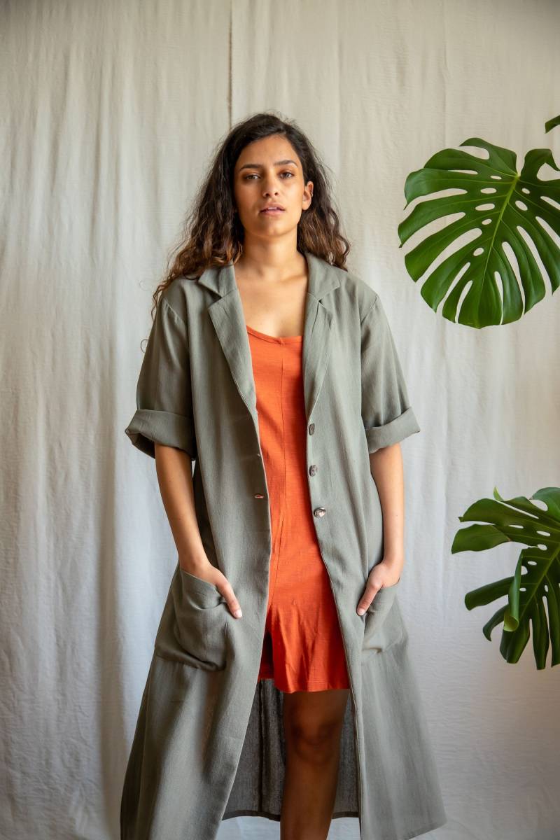 Grau/Grüner Duster Mantel Aus Reiner Baumwolle von INKAFREE