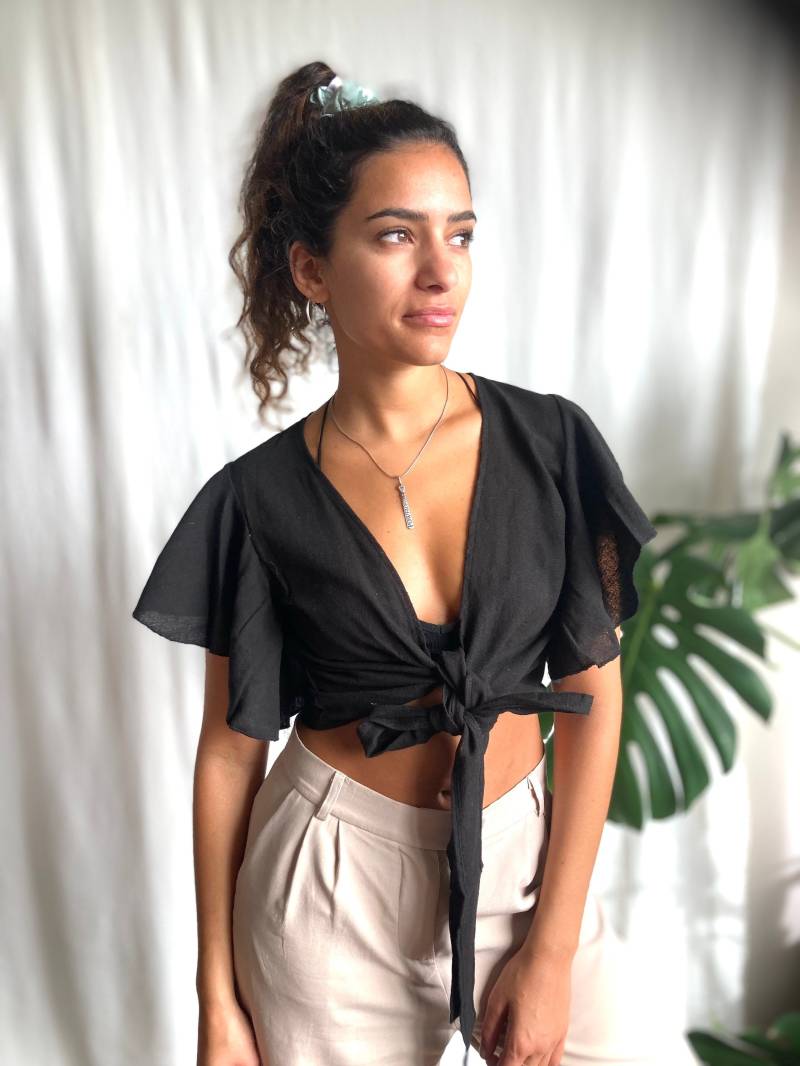 Schwarz, Roh-Baumwolle, Bindetop, Wickeltop von INKAFREE