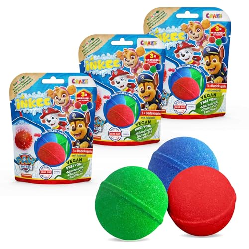 INKEE Paw Patrol Badebomben Kinder 9er Pack - 9X Badekugeln in 3 Farben mit Jojobaöl & Kirschlolli Aroma 3x50g, Geschenk Junge 3 Jahre von INKEE