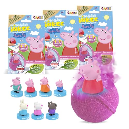 INKEE SURPRISE - 3er Set Peppa Pig Badekugeln Kinder mit Überraschung, Peppa Wutz Spielzeug für die Badewanne, mit Erdbeer-Duft & Schaumstoff-Effekt von INKEE