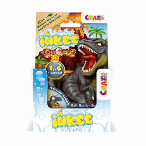 INKEE SURPRISE DINO Badekugel Kinder mit Überraschung, Ei-Form Badebombe Kinder 100g mit Dinosaurier Figuren, Pfirsich-Eistee Aroma und Avocado-Öl von INKEE