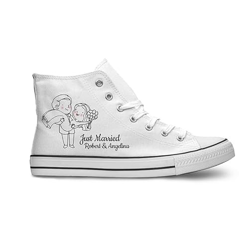 Bedruckte Schuhe für die Hochzeit im Just Married Figuren Design personalisierbar - Hochzeitsgeschenk I Für Damen & Herren I Individuelle Anfertigung nach Kundenbestellung - Größe 44 - Weiß - Motiv 1 von INKICKS