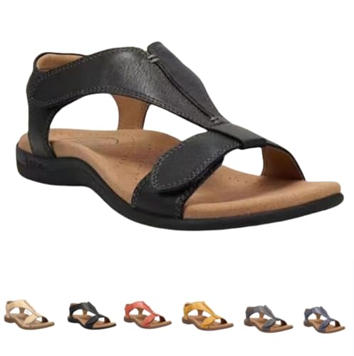 INLANDSIS Orthowalkway Damen-Sandalen, bequeme orthopädische Sommersandalen mit Fußgewölbeunterstützung, offene Zehenpartie, T-Riemen hinten, verstellbarer Riemen (Black,37) von INLANDSIS