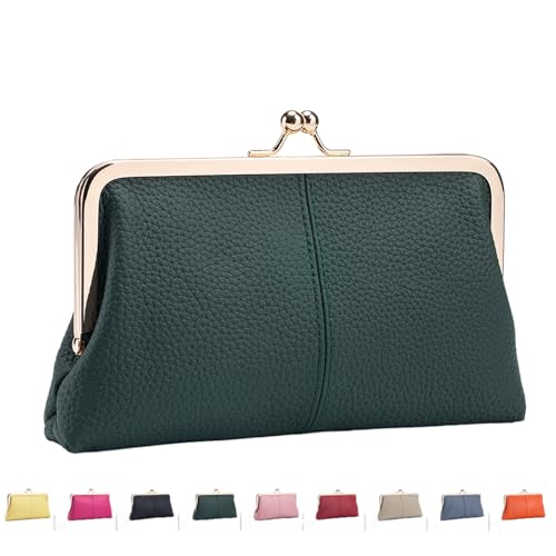 INLANDSIS Vintage Kiss Lock Geldbörse für Damen, Echtleder, Kartenhalter mit Mehreren Kartenfächern, Münzbörse mit Münzfach mit Reißverschluss (Dunkelgrün) von INLANDSIS