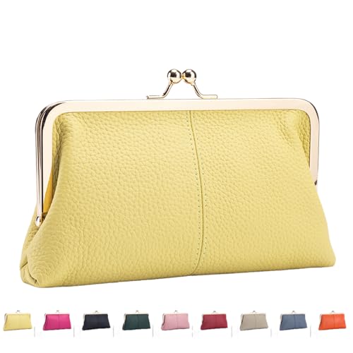 INLANDSIS Vintage Kiss Lock Geldbörse für Damen, Echtleder, Kartenhalter mit Mehreren Kartenfächern, Münzbörse mit Münzfach mit Reißverschluss (Gelb) von INLANDSIS