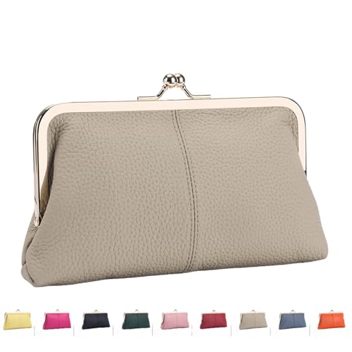 INLANDSIS Vintage Kiss Lock Geldbörse für Damen, Echtleder, Kartenhalter mit Mehreren Kartenfächern, Münzbörse mit Münzfach mit Reißverschluss (Grau) von INLANDSIS