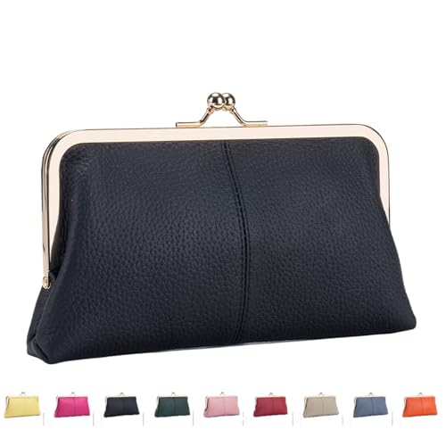 INLANDSIS Vintage Kiss Lock Geldbörse für Damen, Echtleder, Kartenhalter mit Mehreren Kartenfächern, Münzbörse mit Münzfach mit Reißverschluss (Schwarz) von INLANDSIS