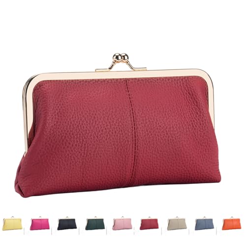 INLANDSIS Vintage Kiss Lock Geldbörse für Damen, Echtleder, Kartenhalter mit Mehreren Kartenfächern, Münzbörse mit Münzfach mit Reißverschluss (Weinrot) von INLANDSIS