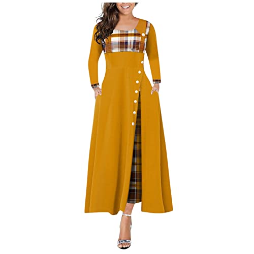 Ballkleid Lange Frühlingskleider für Frauen, formelles Kariertes Rundhalsausschnitt, geknöpftes A-Linien-Maxikleid mit geteiltem Saum und Langen Ärmeln Plaid Gelb A XL EU 42 von INLLADDY