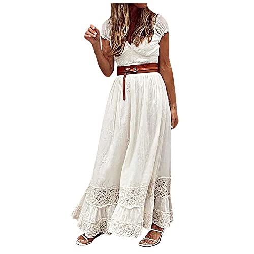 Damen Kleider Elegant Elegante weiße Kleider Damen Casual Wrap Sommer Ausschnitt Spitze V-Ausschnitt A-Linie ärmelloses Strand langes Maxi-Sommerkleid Weiß 2XL EU 42 von INLLADDY