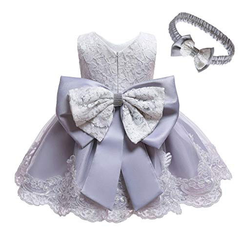 INLLADDY Baby Mädchen Prinzessin Kleid 2tlg Set Bowknot Spitze Taufkleid Festlich Kleid Hochzeit Party Festzug Taufe Tutu Kleid 0-18 Jahre Grau 6-12Monate von INLLADDY