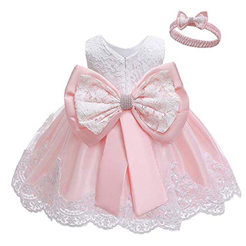 INLLADDY Baby Mädchen Prinzessin Kleid 2tlg Set Bowknot Spitze Taufkleid Festlich Kleid Hochzeit Party Festzug Taufe Tutu Kleid 0-24 Jahre Rosa 12-18Monate von INLLADDY