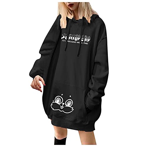 INLLADDY Damen Lose Kapuzenpullover Lang Totenkopf Druck Sweatshirt Mit Kapuze Kleid Langarm Taschen Casual Hoodies (#01 Kaninchen schwarz, 2XL) von INLLADDY