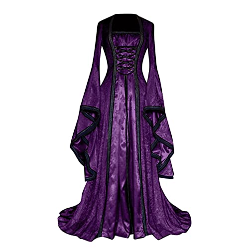 INLLADDY Fairy Renaissance Kleid Damen Mittelalterkleid Vintage Gothic Lace Up Wrap Bell Sleeve Squared Neck Maxikleid Violett M EU 36 von INLLADDY