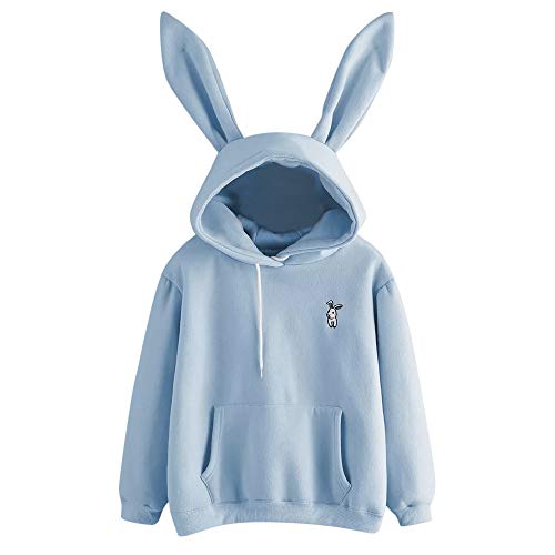 INLLADDY Kapuzenpullover Damen Mädchen Langarm Rundhals Süß Hasenohren Hoodie Einfarbig Kaninchen Druck Hoodie Tasche Sweatshirt Pullover mit Kapuzen L Blau von INLLADDY