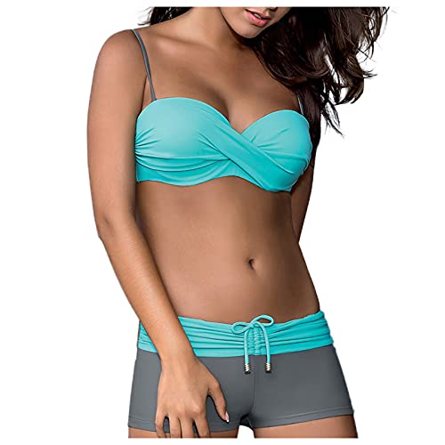 INLLADDY Push Up Bikini Damen Set Mit Boy Legs Shorts Bikini Set Bikinioberteil Bademode Strandmode Sport Badeanzug Blau EU 34 von INLLADDY