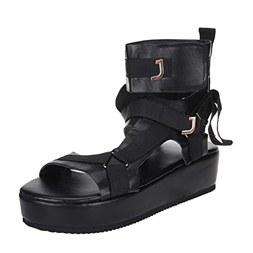INLLADDY Sandalen Damen Gotisch Plateausandalen Damen Wanderschuhe Anschnallen Sandalen Mit Dicker Sohle Lässiger Sommer Offener Zeh Gladiator-Sandalen Schwarz EU Größe 39 von INLLADDY