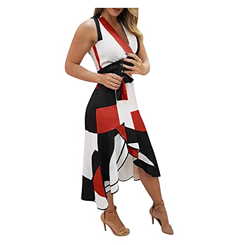 INLLADDY Sommerkleider Damen Sommer fließende Kleider für Frauen, ärmelloses Modell, V-Ausschnitt, unregelmäßiger Saum, fließendes, halbformelles Midikleid Rot M EU 36 von INLLADDY