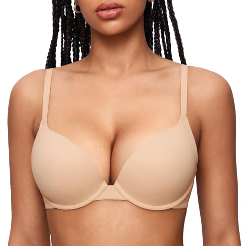 INLYRIC Damen Push Up BH mit Bügel Klassische Tshirt Schalen BH Soft Tiefer Rückenausschnitt Beige 85B von INLYRIC
