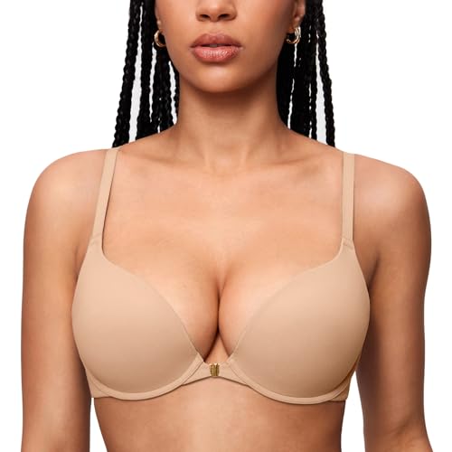 INLYRIC Damen Push Up BH mit Vorderverschluss Tshirt Bügel BH Tiefer Ausschnitt Vorne Bequemer Warmes Beige 70D von INLYRIC