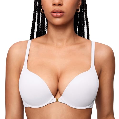 INLYRIC Damen Push Up BH mit Vorderverschluss Tshirt Bügel BH Tiefer Ausschnitt Vorne Bequemer Weiss 80D von INLYRIC