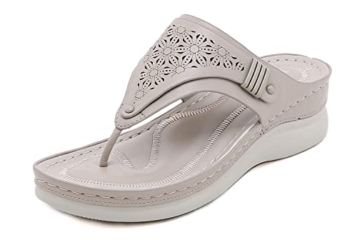 INMINPIN Damen Wedge Zehentrenner Leder Sommer Sandalen mit Keilabsatz Freizeit Beach Flip Flops,Beige,44 Damen von INMINPIN