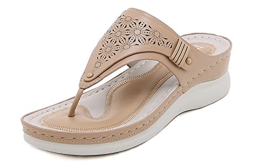 INMINPIN Damen Wedge Zehentrenner Leder Sommer Sandalen mit Keilabsatz Freizeit Beach Flip Flops,Khaki,43 Damen von INMINPIN