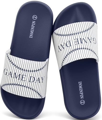 INMINPIN Kinder Jungen Mädchen Ball Sprots Slides Sandalen Ultra Bequeme Strand Pool Dusche Schuhe Haus Slide Indoor Outdoor für Sportfan, Baseball White Stripes, 3 Big Kid von INMINPIN