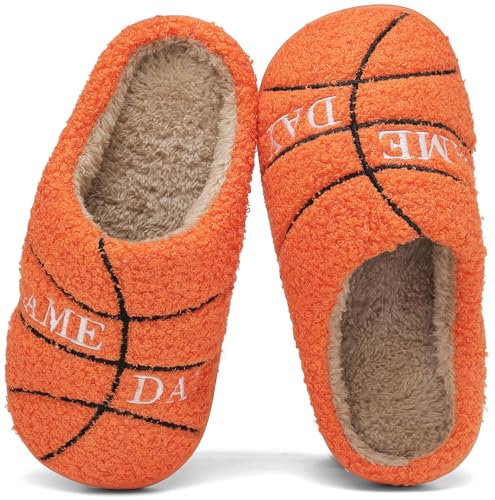 INMINPIN Kinder Mädchen Jungen Ball Sport Hausschuhe Weiche Lockige Hausschuhe Memory Foam rutschfeste Indoor Outdoor Hausschuhe für Sportfan, Basketball, Orange, 7.5-8 Big Kid von INMINPIN