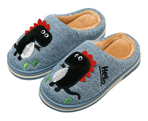 INMINPIN Kinder Winter Baumwolle Pantoffeln Wärme Weiche Plüsch Hausschuhe Kuschelige Slipper mit Cartoon Dinosaurier für Mädchen Jungen,Blau,25/26 EU = Etikettengröße 26/27 von INMINPIN