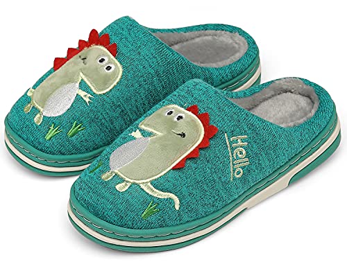 INMINPIN Kinder Winter Baumwolle Pantoffeln Wärme Weiche Plüsch Hausschuhe Kuschelige Slipper mit Cartoon Dinosaurier für Mädchen Jungen,Dunkel Grün,25/26 EU = Etikettengröße 26/27 von INMINPIN