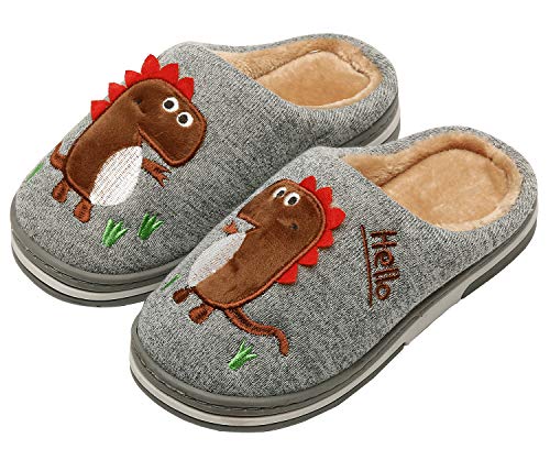 INMINPIN Kinder Winter Baumwolle Pantoffeln Wärme Weiche Plüsch Hausschuhe Kuschelige Slipper mit Cartoon Dinosaurier für Mädchen Jungen,Grau,25/26 EU = Etikettengröße 26/27 von INMINPIN