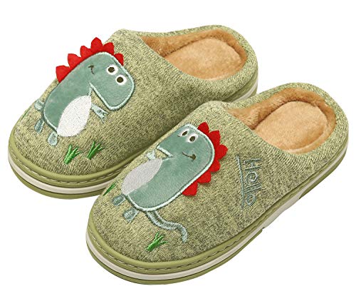 INMINPIN Kinder Winter Baumwolle Pantoffeln Wärme Weiche Plüsch Hausschuhe Kuschelige Slipper mit Cartoon Dinosaurier für Mädchen Jungen,Grün,25/26 EU = Etikettengröße 26/27 von INMINPIN