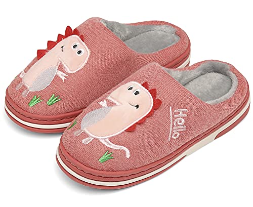 INMINPIN Kinder Winter Baumwolle Pantoffeln Wärme Weiche Plüsch Hausschuhe Kuschelige Slipper mit Cartoon Dinosaurier für Mädchen Jungen,Rosa Grau,25/26 EU = Etikettengröße 26/27 von INMINPIN