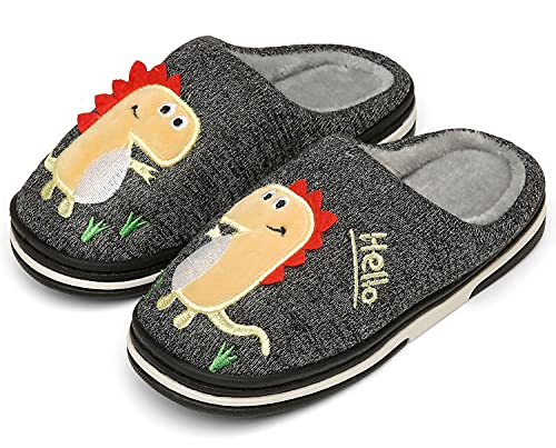 INMINPIN Kinder Winter Baumwolle Pantoffeln Wärme Weiche Plüsch Hausschuhe Kuschelige Slipper mit Cartoon Dinosaurier für Mädchen Jungen,Schwarz Grau,25/26 EU = Etikettengröße 26/27 von INMINPIN