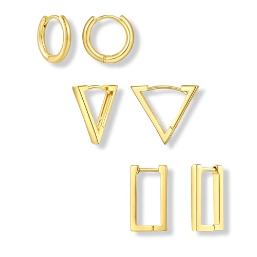 INNERDIVA 3 Paar Vergoldete Huggies-Ohrringe für Damen Goldene Creolen Geometrisch Rund Rechteckig und Dreieckig, Creolen-Set von INNERDIVA