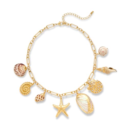 INNERDIVA Klobige Statement-Halsketten Aus Gold für Den Sommer Vergoldete Kettenhalsketten Mit Mehreren Muschel Und Muschelanhängern Strandschmuck für Frauen von INNERDIVA