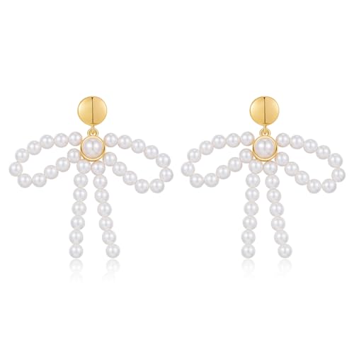 INNERDIVA Perlenohrringe für Frauen Cremefarbene Perlen Schleifen-Tropfenohrringe Mit Einem Kleinen Goldenen Ohrstecker An Der Oberseite von INNERDIVA