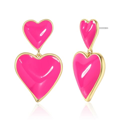 INNERDIVA Rosa Herz Ohrringe für Frauen Emaillierte Puffy Hot Pink Herz Tropfen Ohrringe Party Valentinstag Geburtstagsgeschenk von INNERDIVA