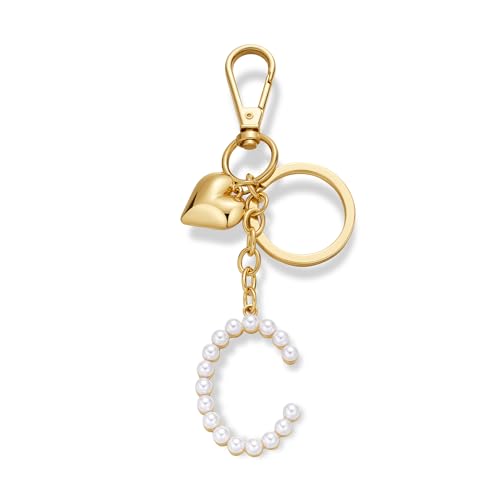 INNERDIVA Schlüsselanhänger Mit Anfangsbuchstaben für Damen Goldene Schlüsselanhänger Mit Goldenem Herz und Kunstperle Buchstabe C Anhänger Handtaschenzubehör Geschenktaschenanhänger von INNERDIVA